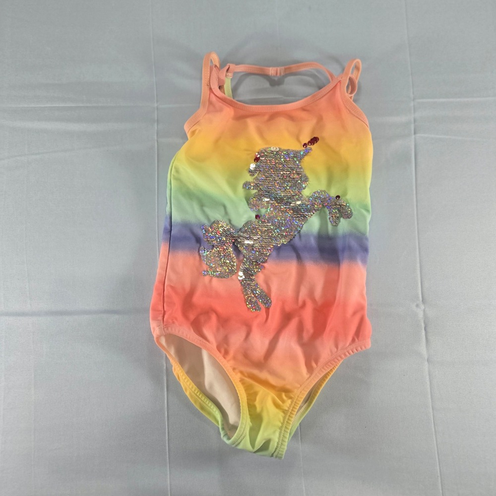 Jessica Simpson Girls Rainbow Ombre Sequin Unicorn One Piece Swimsuit Size 4